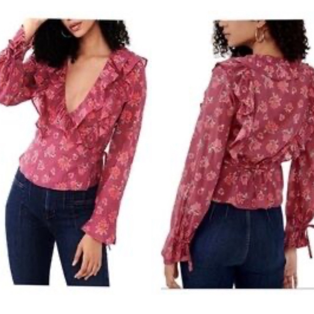 Free People Amanda Ruffle neckline Top ditsy floral print wrap-front size S